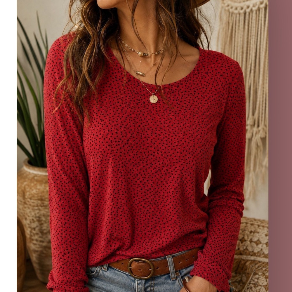 Gudrun Sjödén Polka Dot Modal Silk Long-Sleeve Top Medium Red Scandi Boho Artsy